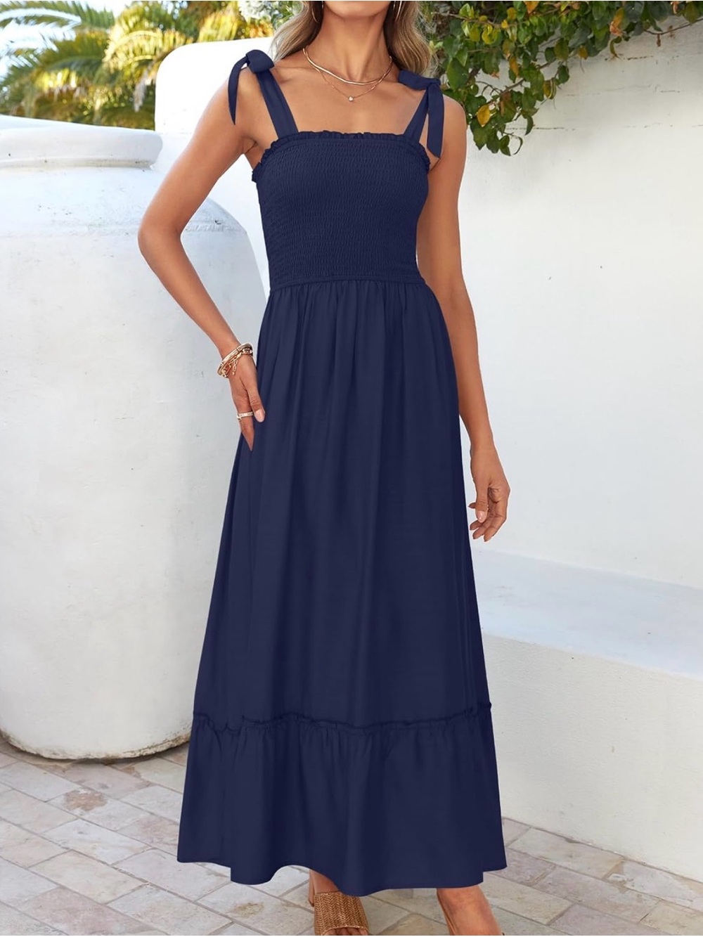 Women’s  M Zesica  Navy Smocked Maxi Dress with Tie Straps